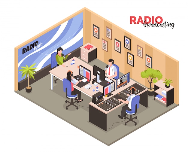 Free vector radio broadcasting isometric  with employees in work interior participated in recording of radio programs