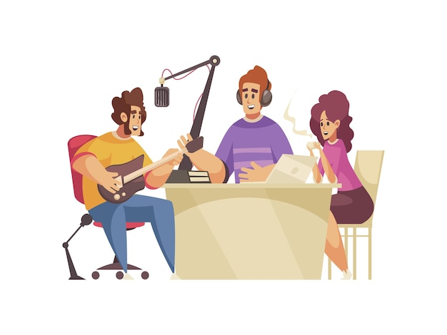 Free vector radio composition with flat characters of radio station employees at working place with guest vector illustration