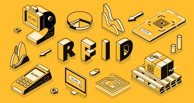 Radio frequency identification technology isometric vector concept with RFID reader or scanner