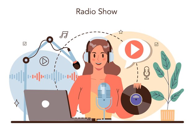ラジオホストのコンセプトスタジオでのニュース放送のアイデアラジオDJが人にインタビューするマイクを介してポッドキャスティングフラットベクトルイラスト