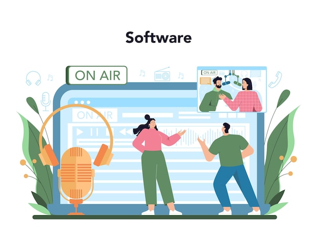 Онлайн-сервис или платформа радиоведущего Идея трансляции новостей в студии Радио DJ берет интервью у человека Онлайн-программное обеспечение Плоская векторная иллюстрация
