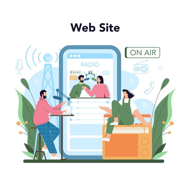 라디오 호스트 온라인 서비스 또는 플랫폼 스튜디오에서 방송되는 뉴스의 아이디어 라디오 DJ가 사람을 인터뷰하는 온라인 웹사이트 평면 벡터 일러스트