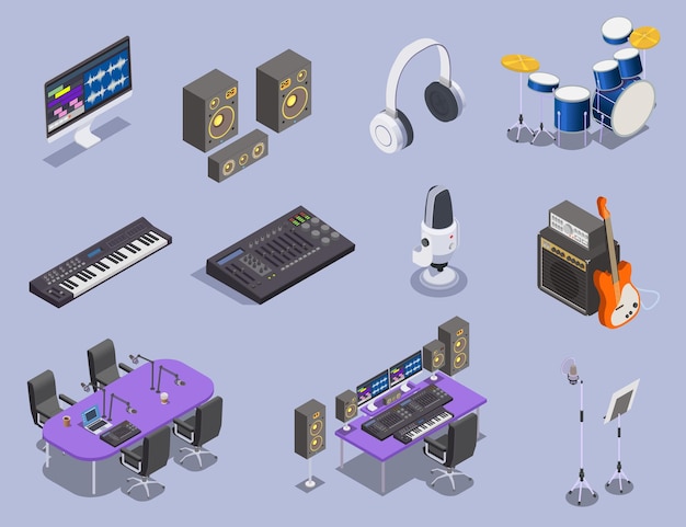 Иконки оборудования радиостудии с клавиатурой и гитарой изометрической изолированной векторной иллюстрацией