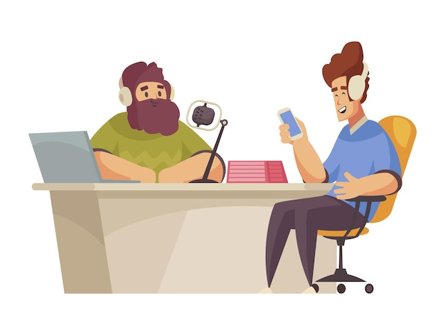 Radio studio recording composition with characters of talk show host and guest talking at table vector illustration