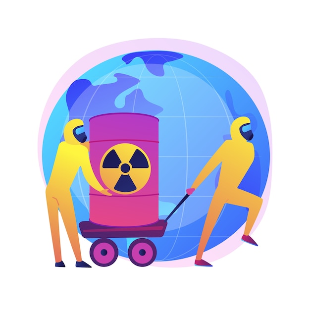 Free vector radioactive barrels. people in protective suits with biological weapon. chemical products. poisonous substance, toxic casks, nuclear danger.