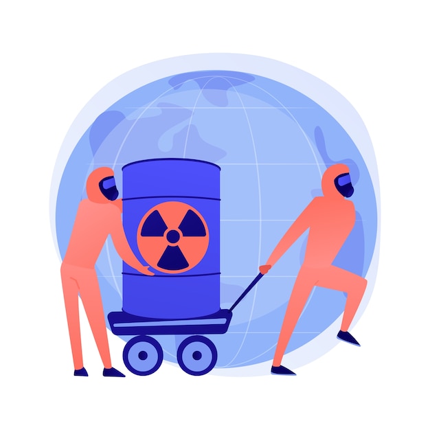 Free vector radioactive barrels. people in protective suits with biological weapon. chemical products