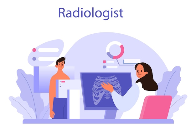 방사선 전문의 개념 의사는 컴퓨터 단층 촬영 MRI 및 초음파로 인체의 Xray 이미지를 검사하며 건강 관리 및 질병 진단의 아이디어를 만화 스타일로 격리합니다.