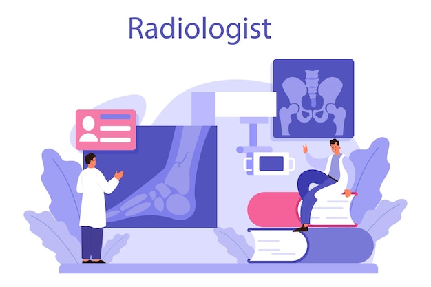 방사선 전문의 개념 의사는 컴퓨터 단층 촬영 MRI 및 초음파로 인체의 Xray 이미지를 검사하며 건강 관리 및 질병 진단의 아이디어를 만화 스타일로 격리합니다.