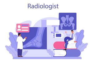 放射線科医の概念コンピューター断層撮影mriと超音波で人体のx線画像を検査する医師健康管理と病気の診断のアイデア漫画風の孤立したベクトル図