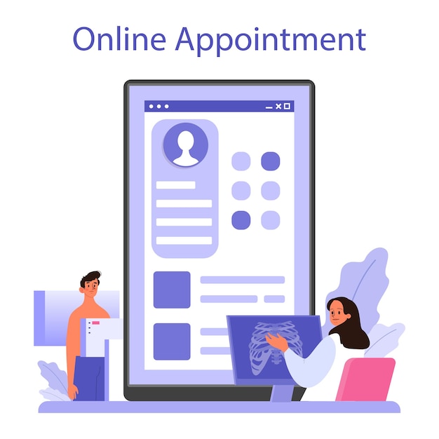 Онлайн-сервис или платформа рентгенолога Врач осматривает рентгеновское изображение компьютерной томографии МРТ и УЗИ Онлайн-прием на прием Плоская векторная иллюстрация