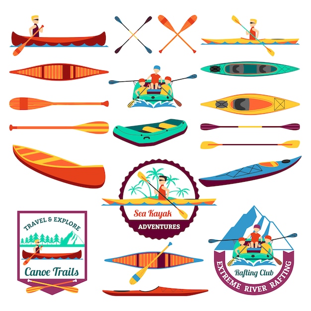Vettore gratuito set di elementi per il rafting in canoa e kayak