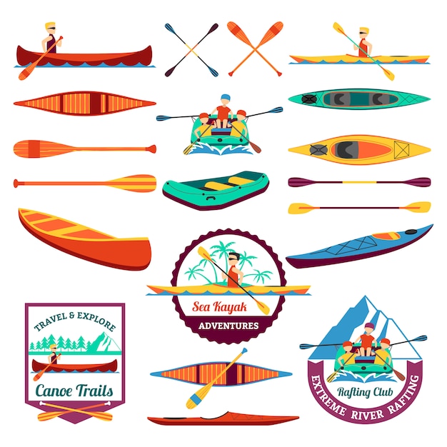 Rafting canoeing and kayak elements set