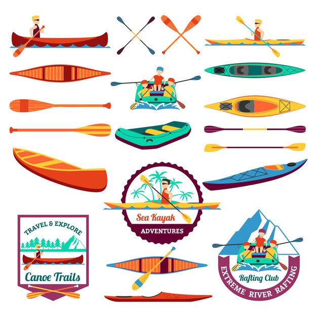  Rafting Canoeing And Kayak Elements Set 