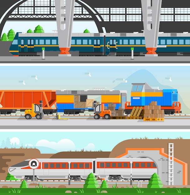 Free vector rail transport horizontal flat banners