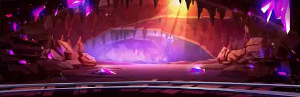 Free vector rail in underground mine cave cartoon game vector purple crystal and diamond treasure indoor old tunnel construction with metal railway mysterious sunlight ray inside from hole through stalagmite