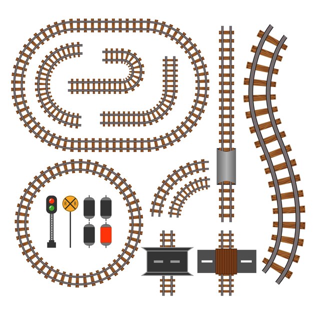 철도 및 철도 트랙 건설 요소. 교통 열차 그림을위한 물결 모양의 궤도 구조
