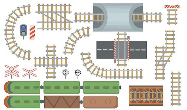 鉄道と鉄道線路フラット要素セット。鉄道駅と電車の線の平面図は、ベクトルイラストコレクションを分離しました。上からの眺め。建設と産業地図の概念