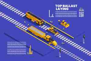 Free vector railroad track laying construction vehicles railway equipment machines isometric infographics with editable text and bar charts vector illustration