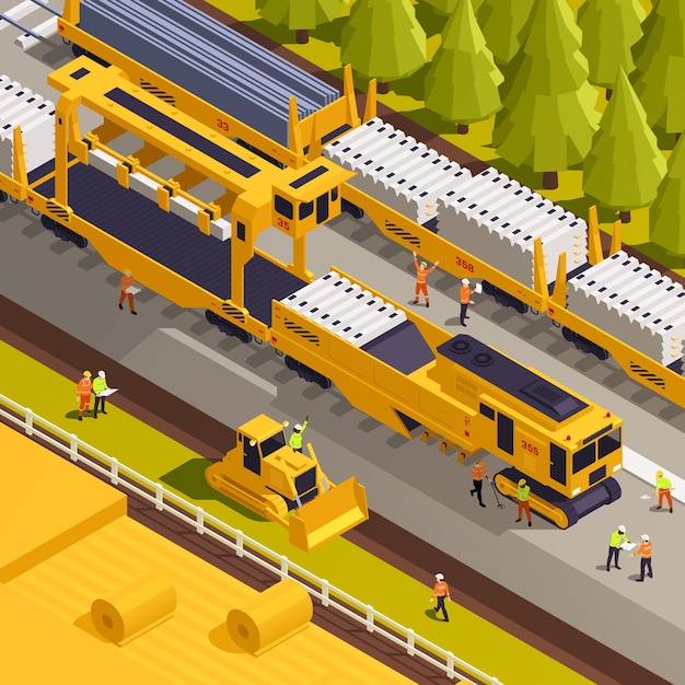 Free vector railroad track laying process with workers and sleepers on tracklayer 3d isometric vector illustration