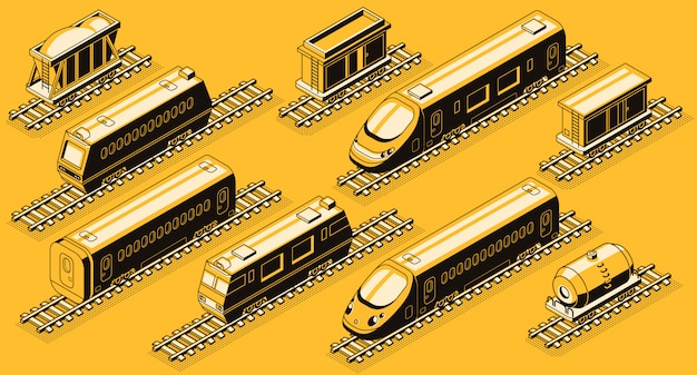 Free vector railroad transport, train elements isometric set.