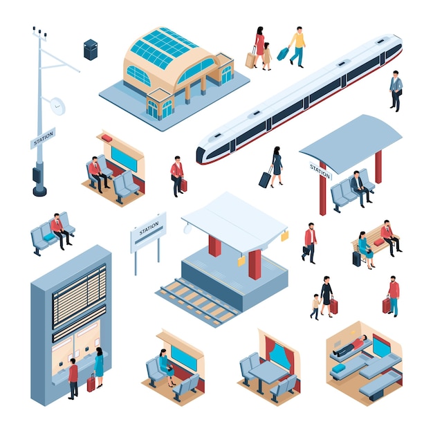 Railway isometric icons set