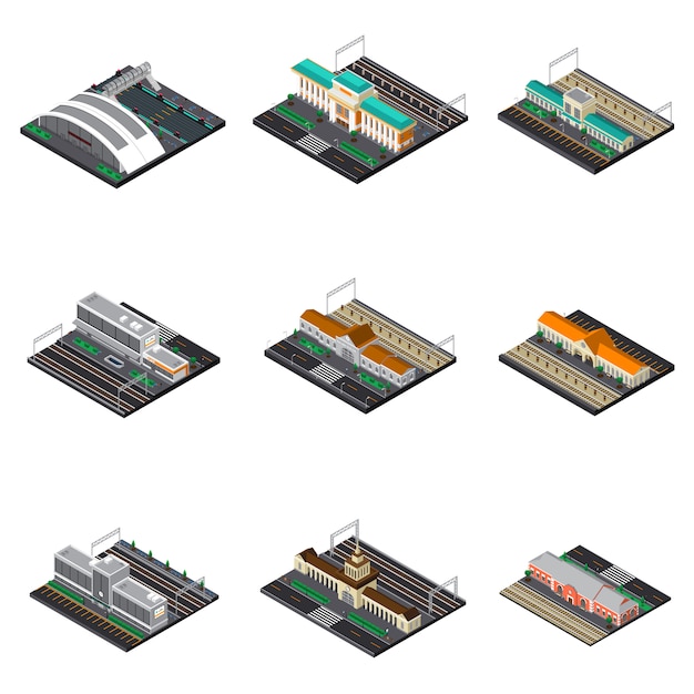 Free vector railway station isometric set