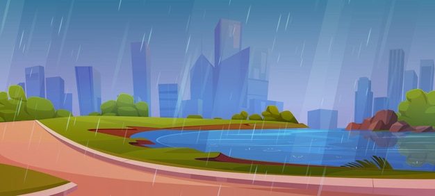 Free vector rain in city park with lake and skyscraper view public garden and street scene with nature in town singapore backdrop outdoor environment design with river coastal scenery and nobody illustration