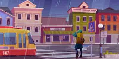 Vettore gratuito pioggia sulla strada cittadina con case, tram e uomo pedonale in attesa davanti alle strisce pedonali.