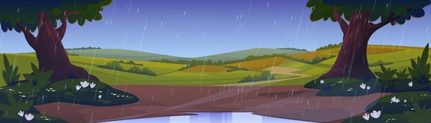 Free vector rain in countryside with fields and trees