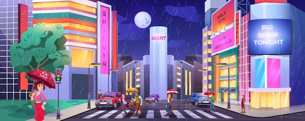 Rain in dark city. Paddles with umbrellas crossing road. People at crosswalk with cars. Wet and rainy weather in night town cartoon vector with hotel, shops or cafe illuminated buildings facades.