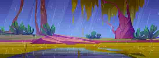 Free vector rain in forest pond cartoon vector park landscape illustration cartoon background with spring weather with water droplet and puddle on grass tree and bush drawing valley fantasy game environment