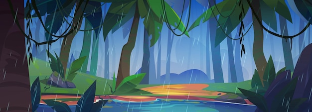 Бесплатное векторное изображение Дождь в зеленом тропическом лесу с мультяшным векторным фоном озера песчаный берег с пальмой в джунглях, иллюстрация среды тропического леса, где никого нет