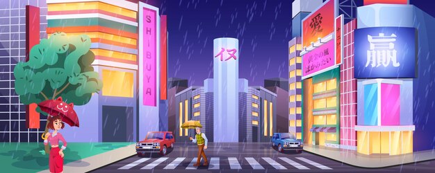 Rain in night city. Pedestrians with umbrellas crossing road. People at crosswalk with cars. Cartoon street illuminated showcases lights in wet, rainy weather. Cityscape with glowing windows of shops.