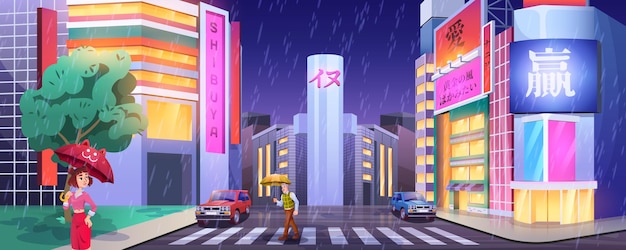 Rain in night city. Pedestrians with umbrellas crossing road. People at crosswalk with cars. Cartoon street illuminated showcases lights in wet, rainy weather. Cityscape with glowing windows of shops.
