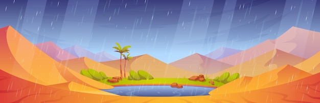 Rain in sandy desert with dunes and oasis lake