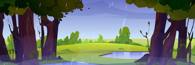 Free vector rain in summer forest wild green nature landscape