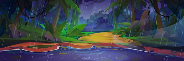 Free vector rain in tropical jungle forest with lake