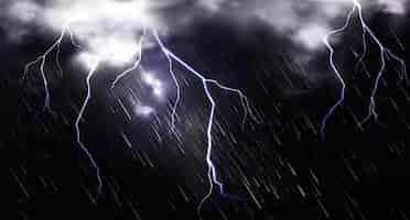 Free vector rain with lightning and clouds in sky at night