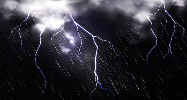 Rain with lightning and clouds in sky at night