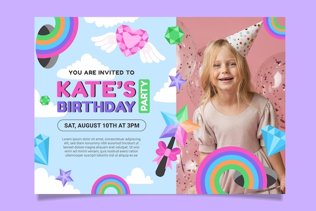 Rainbow birthday invitation template with photo