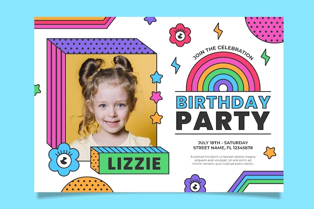 Rainbow birthday invitation template with photo