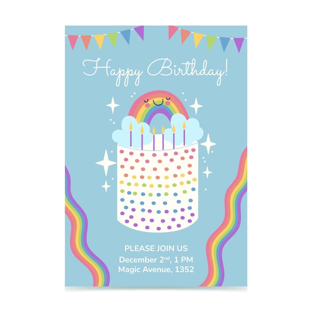 Vettore gratuito modello di invito compleanno arcobaleno