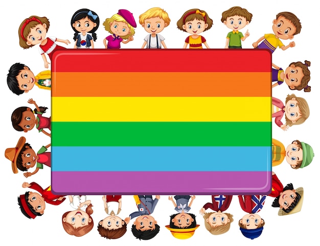 Free vector rainbow board with many kids in background