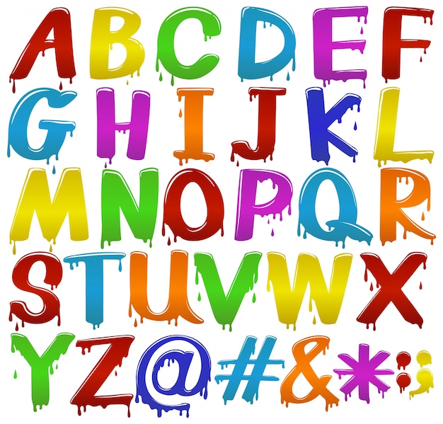 Rainbow coloured big letters of the alphabet on a white background