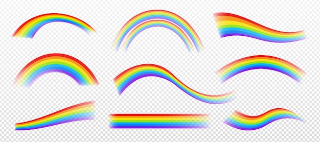 Эффекты радуги, изолированные на прозрачном фоне. Векторный набор волнистых, прямых и красочных линий формы арки. Фэнтезийная иллюстрация светового эффекта спектра в небе после дождя
