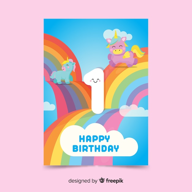 Free vector rainbow first birthday card template