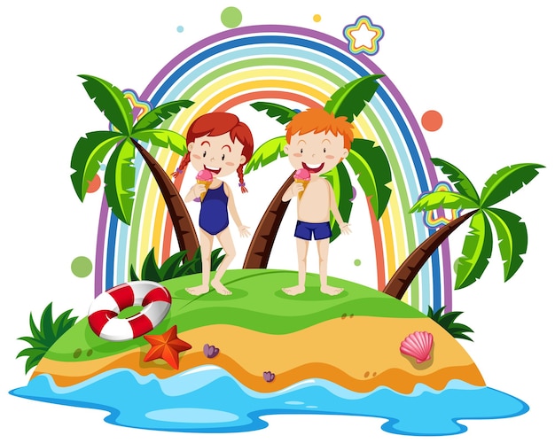 Free vector rainbow on the island with children