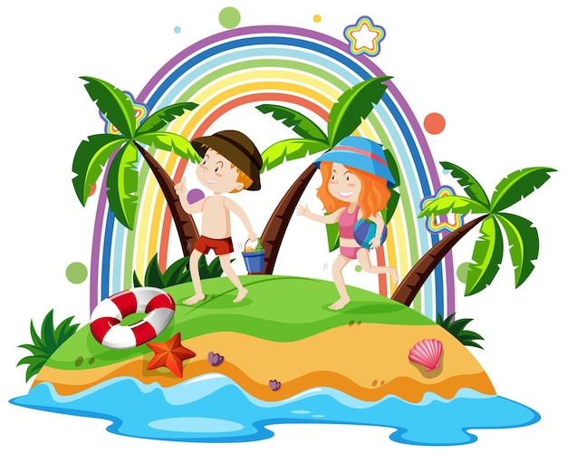 Free vector rainbow on the island with children