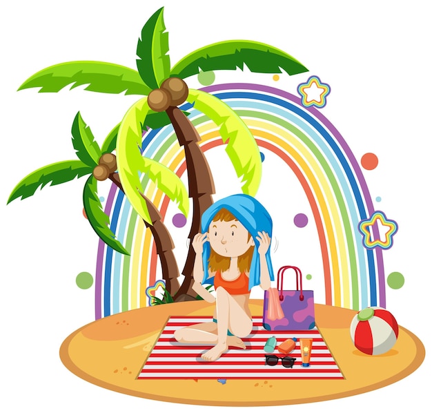 Бесплатное векторное изображение Радуга на острове с девушкой на пляже