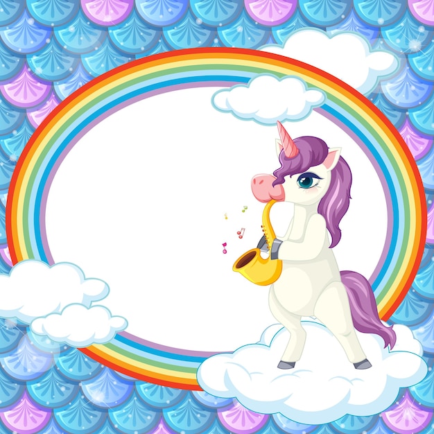 Rainbow oval banner with unicorn cartoon character on rainbow fish scales